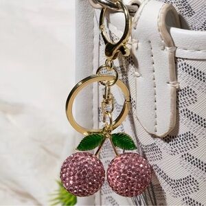 🆕 🍒 Gold Cherry Keychain with Pink Crystal Charms - Women Accessories